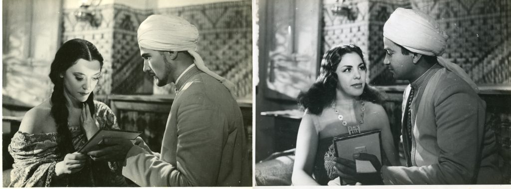 À gauche, Maria Casares et George Marchal dans la version francaise de La Septieme porte d'André Zwobada, 1947 - à droite, Keltoum & Mohamed Gabsi dans la version arabe de La Septième porte d'André Zwobada, 1947 © Les Documents cinématographiques / Archives Bouanani