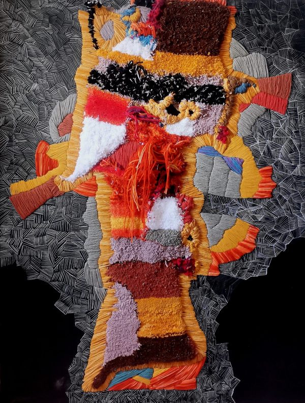 Zeinab Abouzid, Entre deux souffles, 2025, Acrylique et laine sur toile, 114 x 150 cm. Courtesy de l'artiste, Tétouan - Maroc.